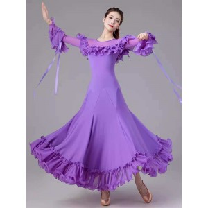 Women girls purple wine pink ruffles ballroom dance dresses waltz tango foxtrot smooth dance long swing skirts